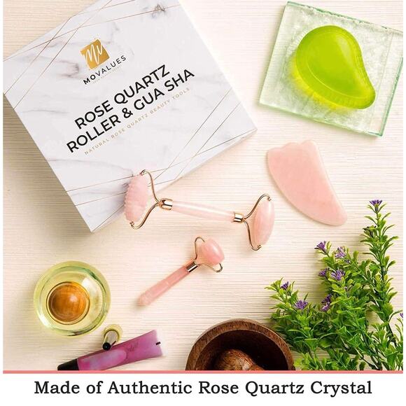 2 Brazilian Rose Quartz Crystal High Quality Facial Rollers Massagers + Gua Sha - Picture 1 of 10